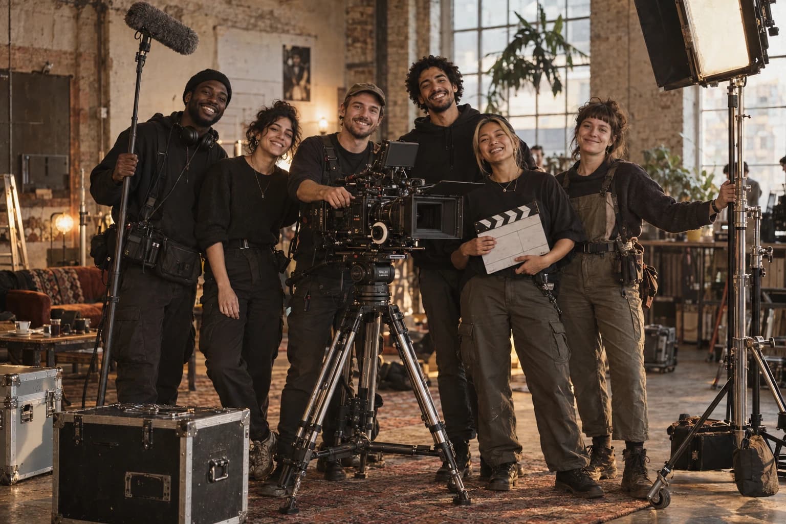 A young adult film crew standing proudly together on a small set with a cinema camera, lighting and sound equipment
